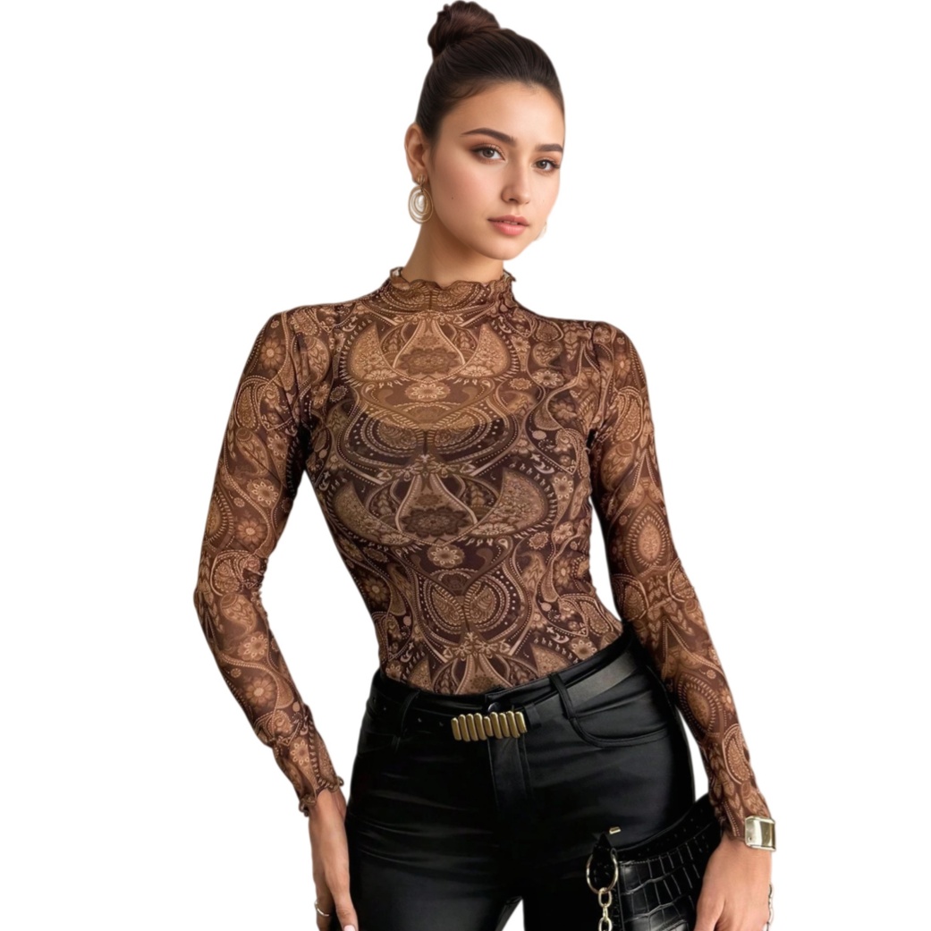 Womens Mesh T-shirt Fashion Long Sleeves Leopard Print Slim Blouse